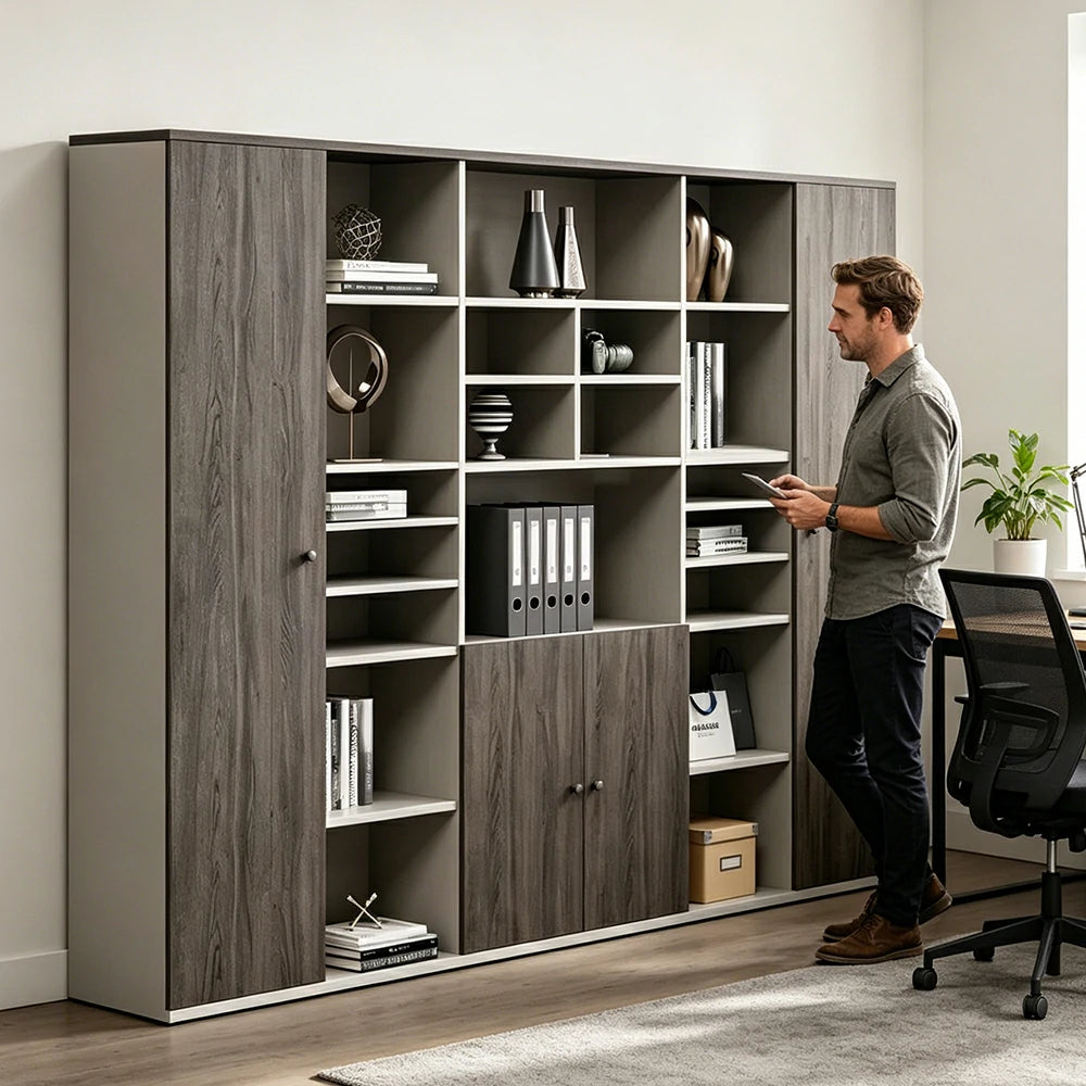 LUXORA Type A 6 Door File Cabinet with Open Shelves Office Storage Bookcase - Grey Oak