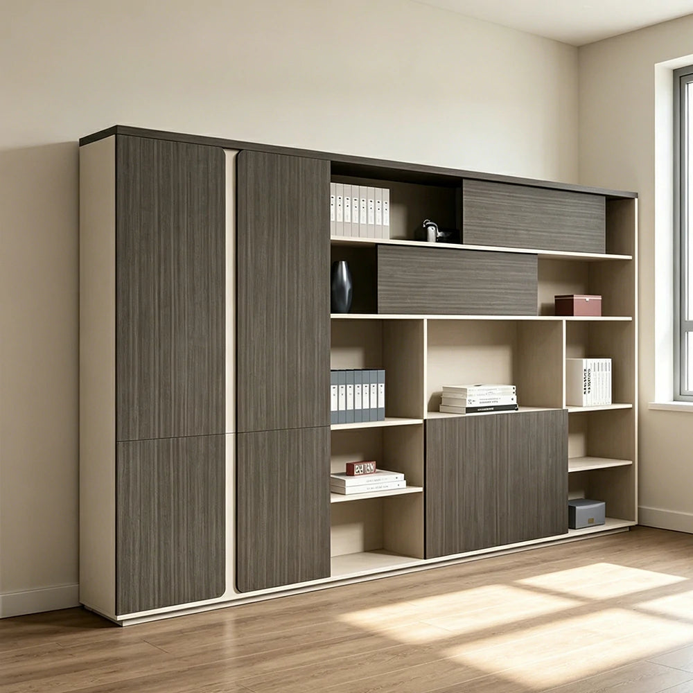 LUXORA Type F 7 Door File Cabinet with Open Shelves Office Storage Bookcase - Grey Oak