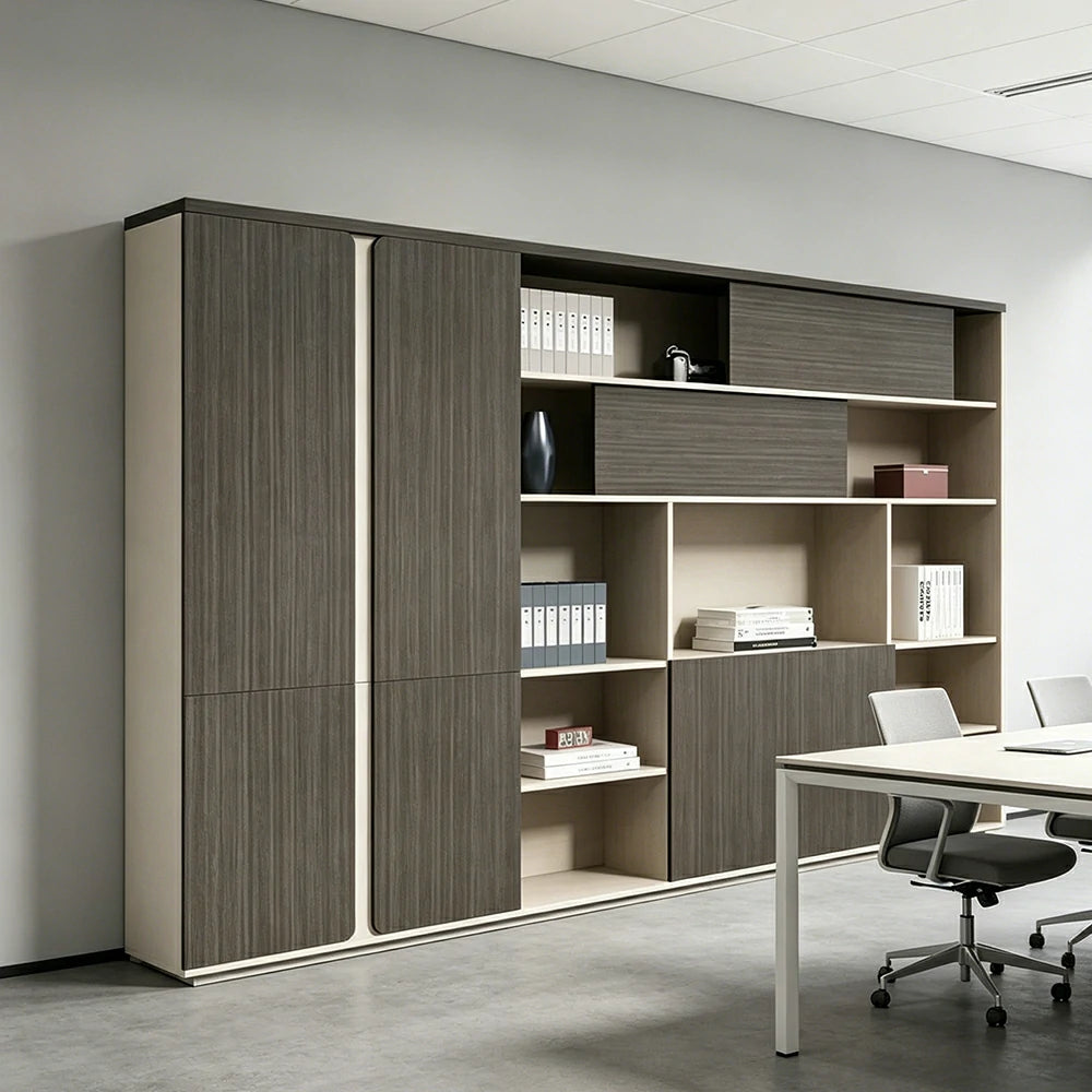 LUXORA Type F 7 Door File Cabinet with Open Shelves Office Storage Bookcase - Grey Oak