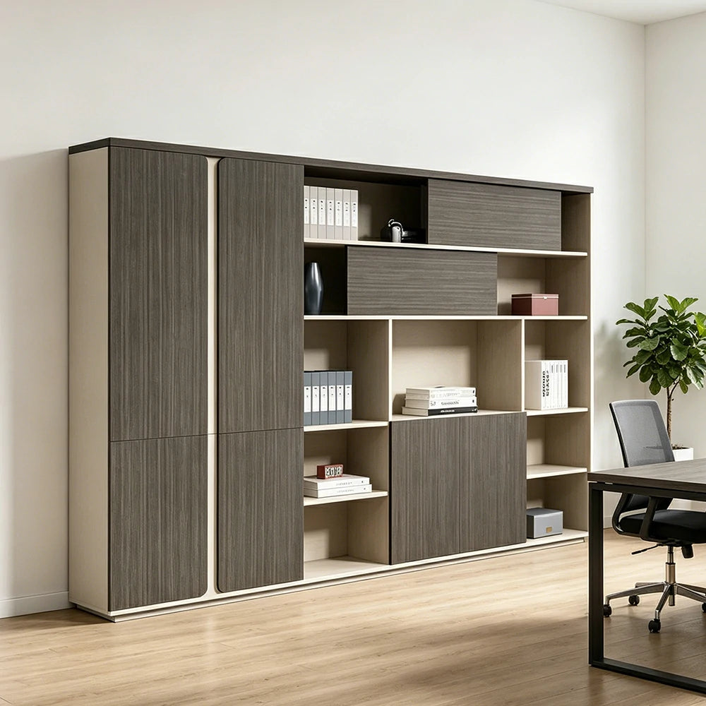 LUXORA Type F 7 Door File Cabinet with Open Shelves Office Storage Bookcase - Grey Oak