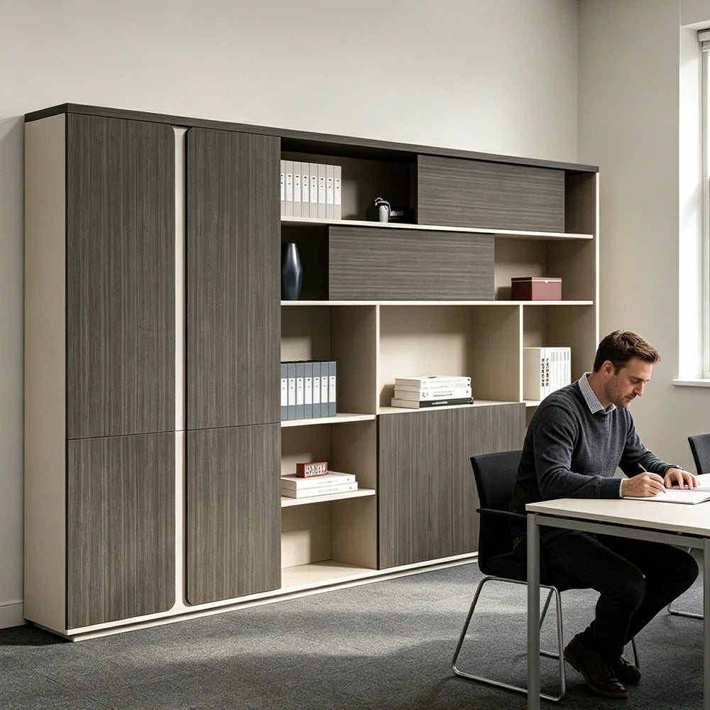 LUXORA Type F 7 Door File Cabinet with Open Shelves Office Storage Bookcase - Grey Oak