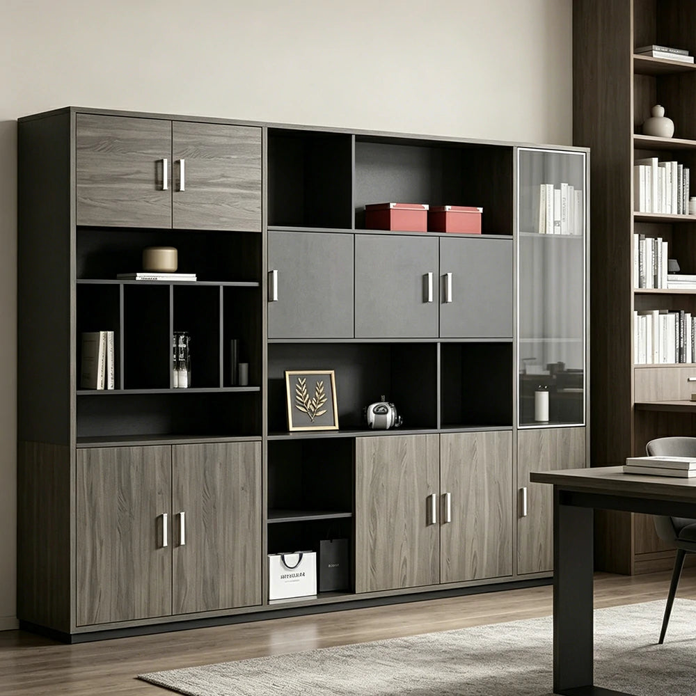 LUXORA Type C 6 Door File Cabinet with Open Shelves Office Storage Bookcase - Grey Oak