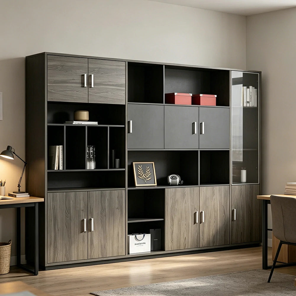 LUXORA Type C 6 Door File Cabinet with Open Shelves Office Storage Bookcase - Grey Oak
