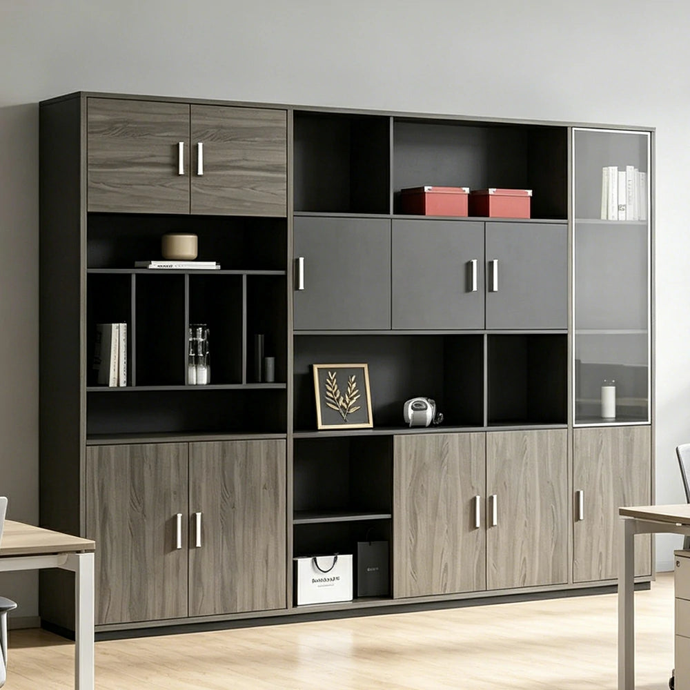LUXORA Type C 6 Door File Cabinet with Open Shelves Office Storage Bookcase - Grey Oak