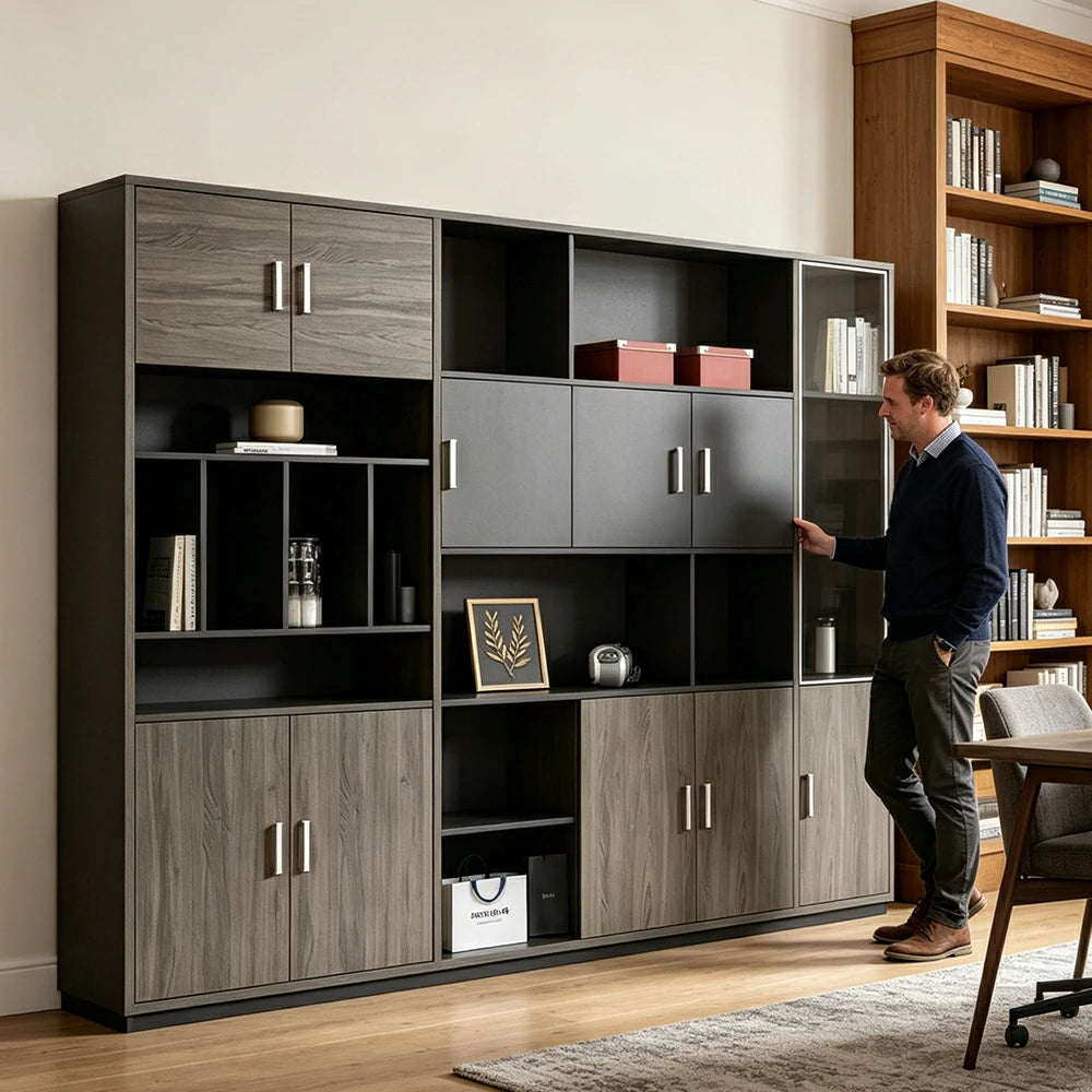 LUXORA Type C 6 Door File Cabinet with Open Shelves Office Storage Bookcase - Grey Oak