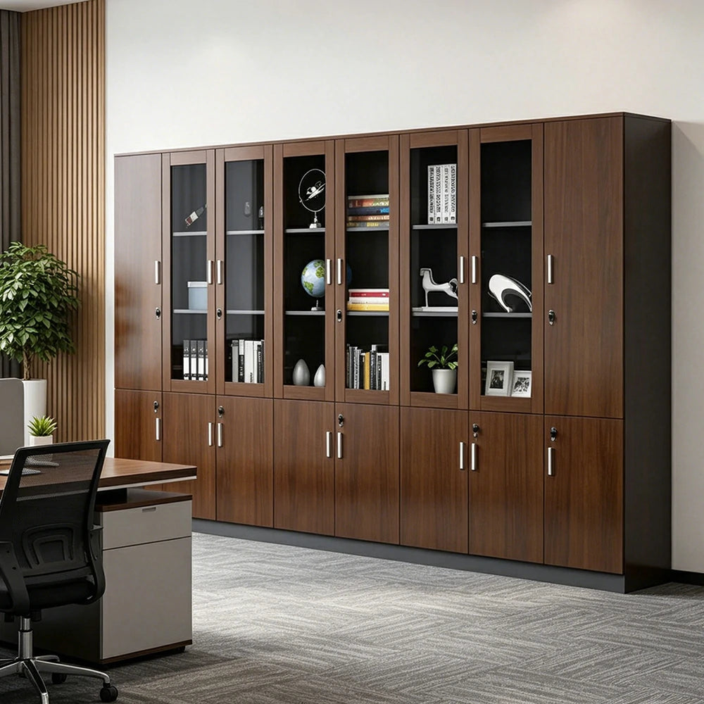 LUXORA Multi Door Office File Cabinet with Glass Display Shelves Large Storage - Walnut