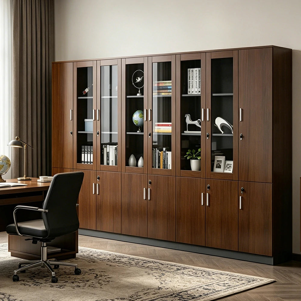 LUXORA Multi Door Office File Cabinet with Glass Display Shelves Large Storage - Walnut