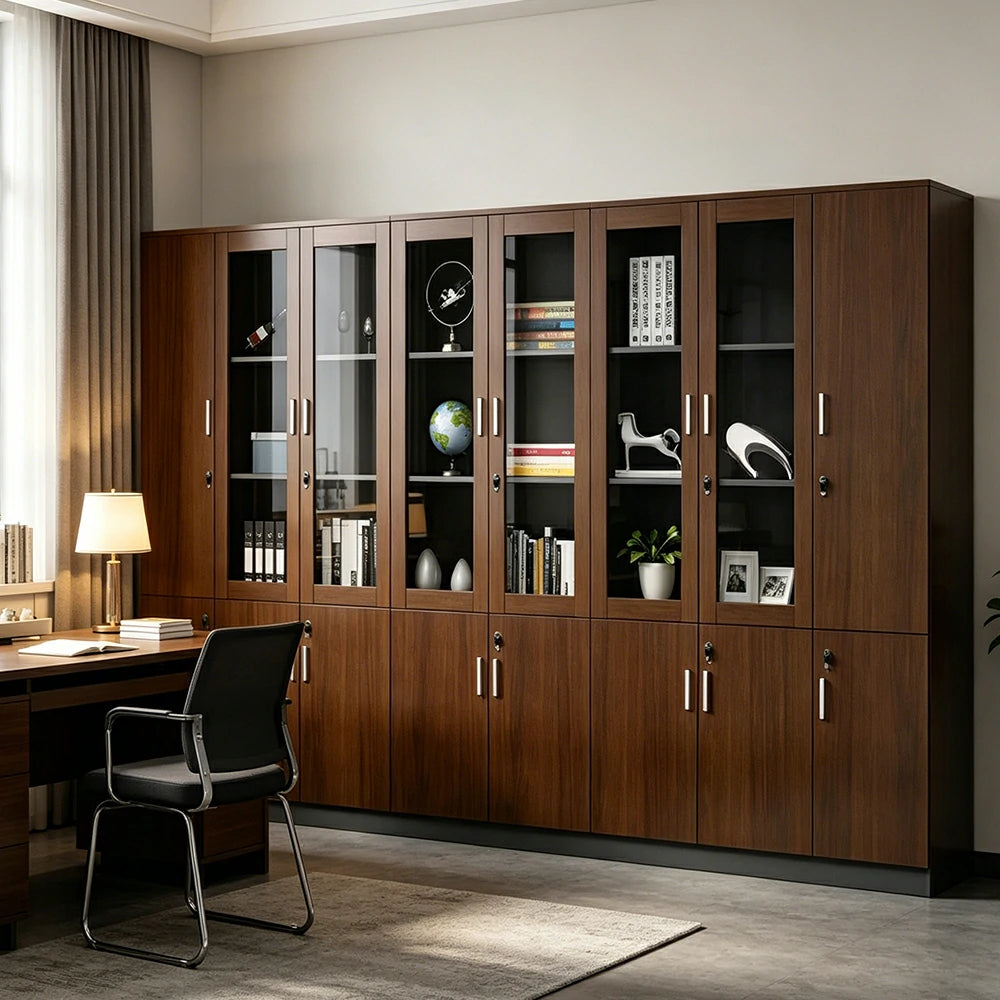 LUXORA Multi Door Office File Cabinet with Glass Display Shelves Large Storage - Walnut