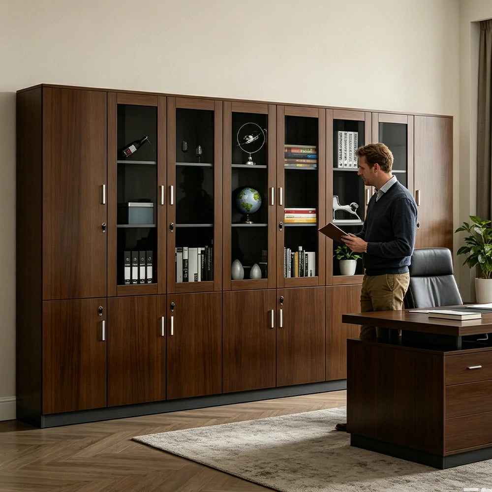 LUXORA Multi Door Office File Cabinet with Glass Display Shelves Large Storage - Walnut