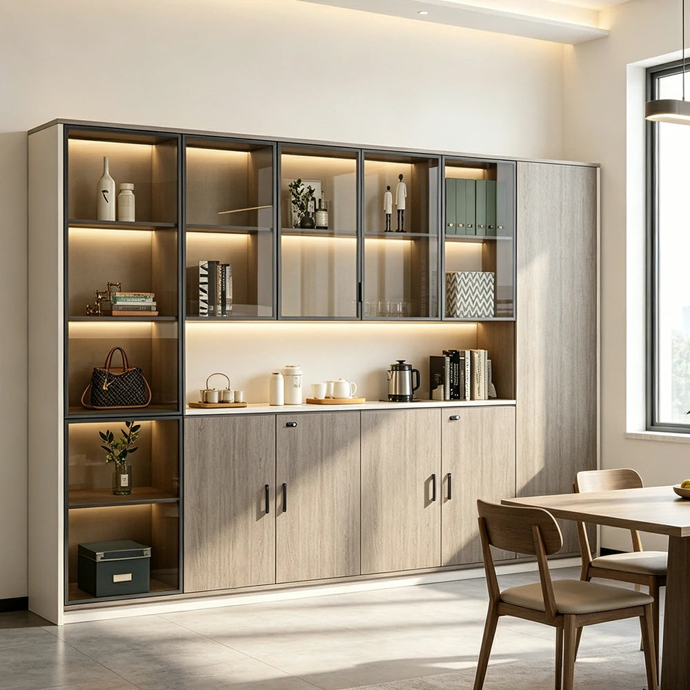 LUXORA 6 Door Office Display Cabinet with Black Frame Brown Glass Doors - Grey Oak