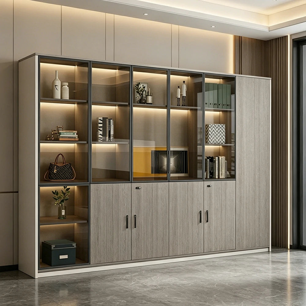 LUXORA 6 Door Office Display Cabinet with Black Frame Brown Glass Doors - Grey Oak