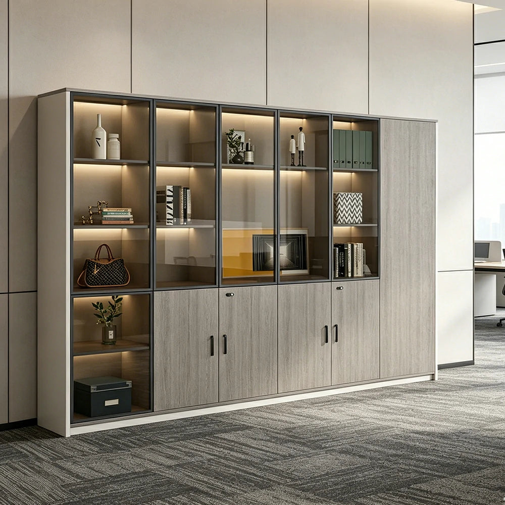 LUXORA 6 Door Office Display Cabinet with Black Frame Brown Glass Doors - Grey Oak