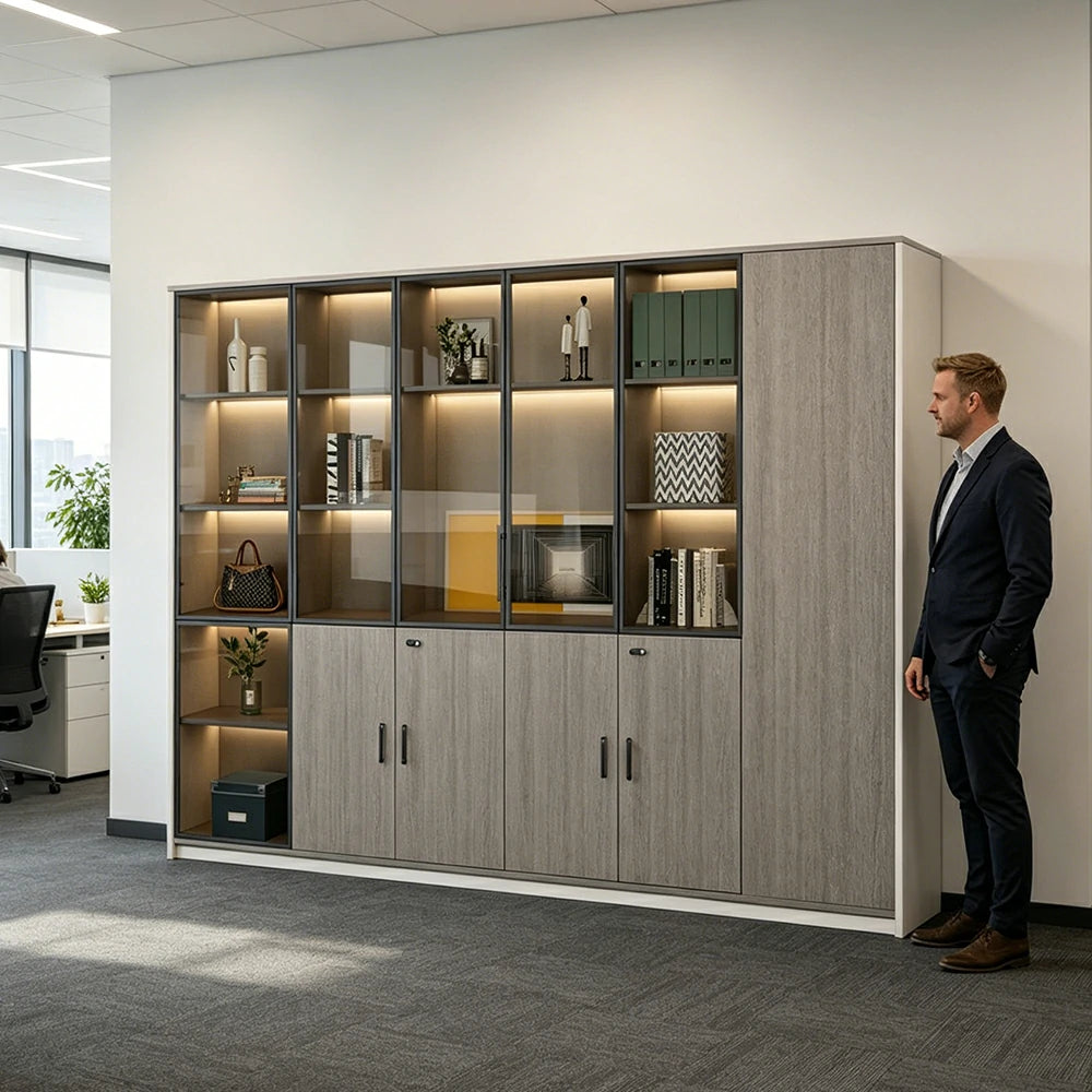 LUXORA 6 Door Office Display Cabinet with Black Frame Brown Glass Doors - Grey Oak