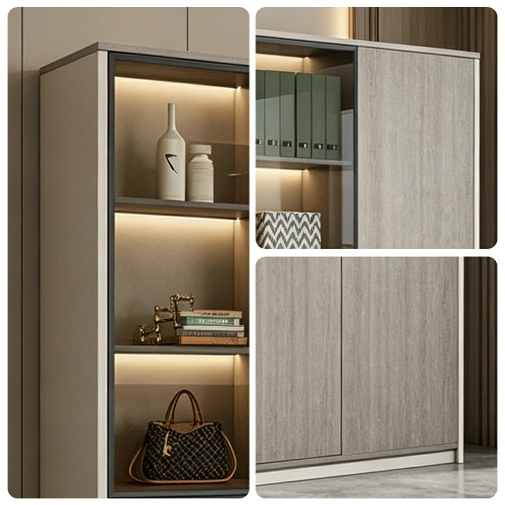 LUXORA 6 Door Office Display Cabinet with Black Frame Brown Glass Doors - Grey Oak