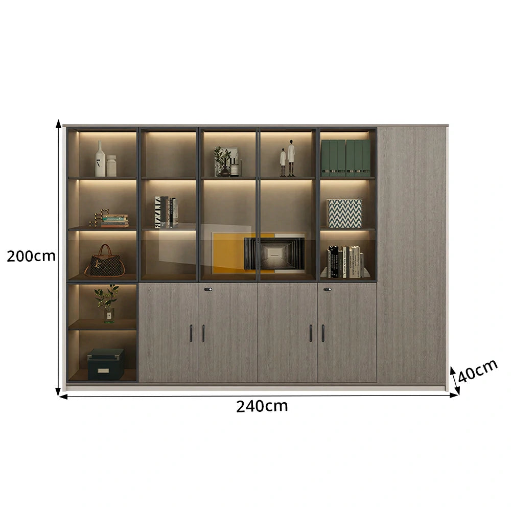LUXORA 6 Door Office Display Cabinet with Black Frame Brown Glass Doors - Grey Oak