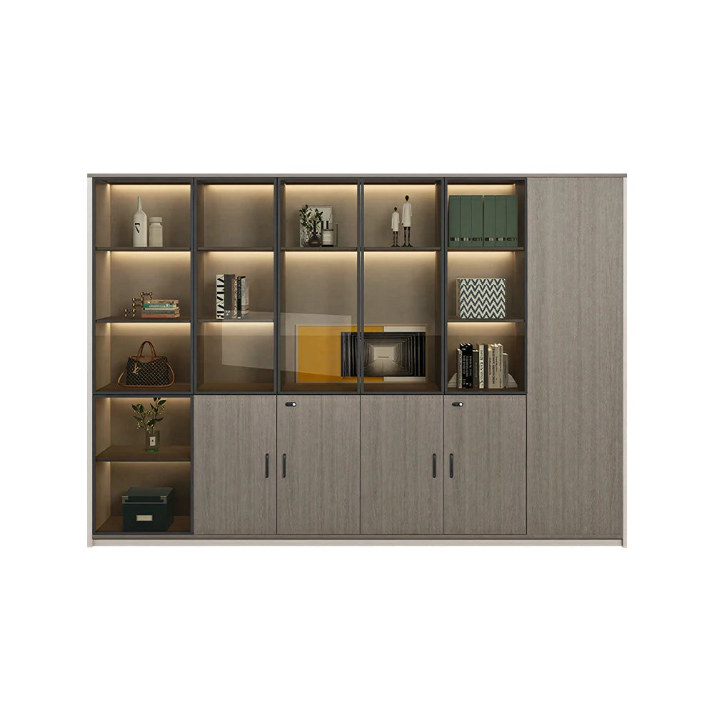 LUXORA 6 Door Office Display Cabinet with Black Frame Brown Glass Doors - Grey Oak