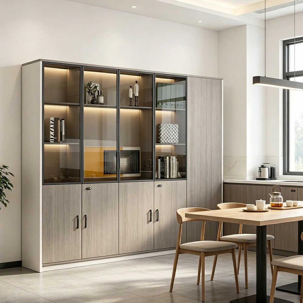 LUXORA 5 Door Office Display Cabinet with Black Frame Brown Glass Doors - Grey Oak