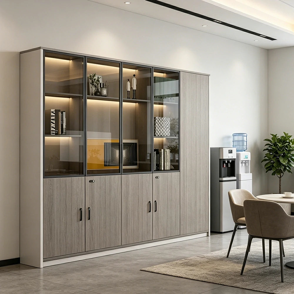 LUXORA 5 Door Office Display Cabinet with Black Frame Brown Glass Doors - Grey Oak