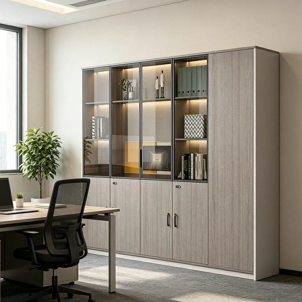 LUXORA 5 Door Office Display Cabinet with Black Frame Brown Glass Doors - Grey Oak