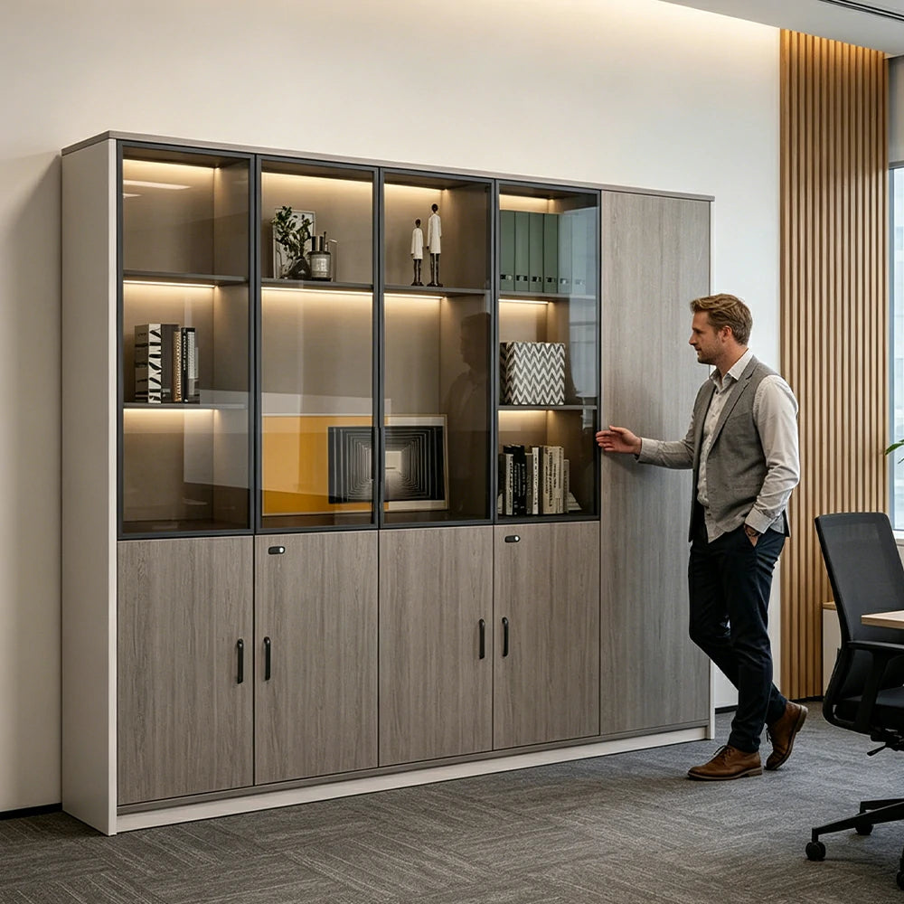 LUXORA 5 Door Office Display Cabinet with Black Frame Brown Glass Doors - Grey Oak