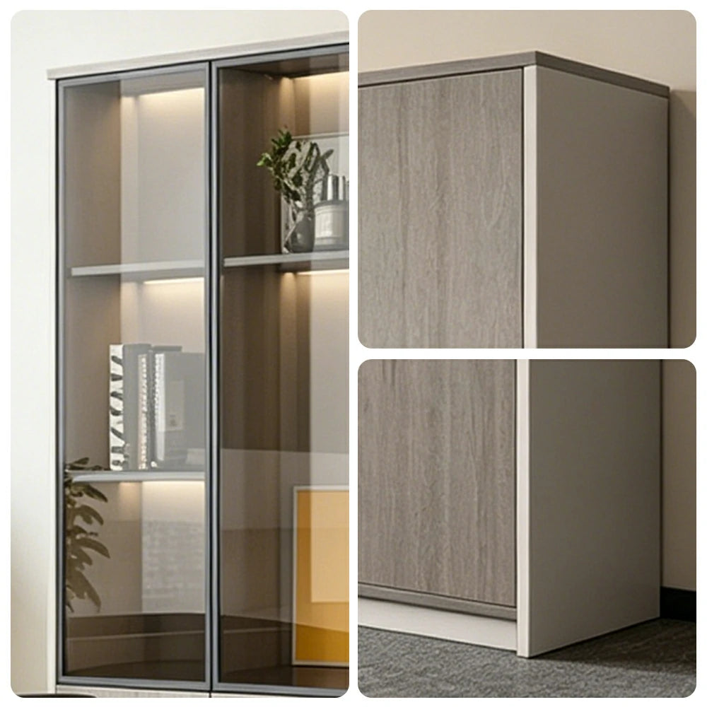 LUXORA 5 Door Office Display Cabinet with Black Frame Brown Glass Doors - Grey Oak