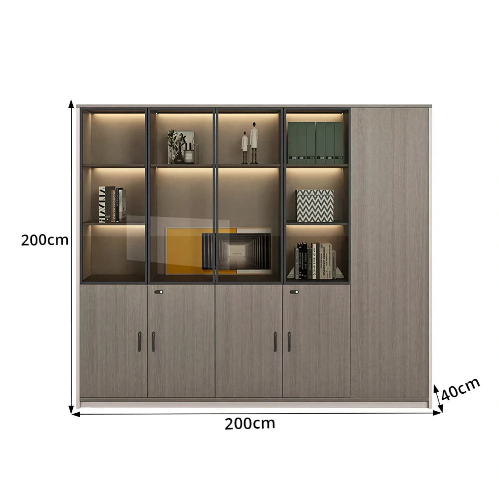 LUXORA 5 Door Office Display Cabinet with Black Frame Brown Glass Doors - Grey Oak