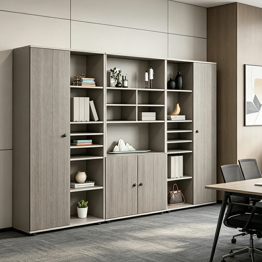 LUXORA Office File Cabinet with Open Display Shelves Large Storage Bookcase - Grey Oak