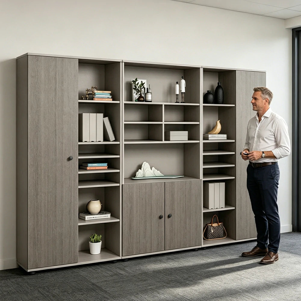 LUXORA Office File Cabinet with Open Display Shelves Large Storage Bookcase - Grey Oak