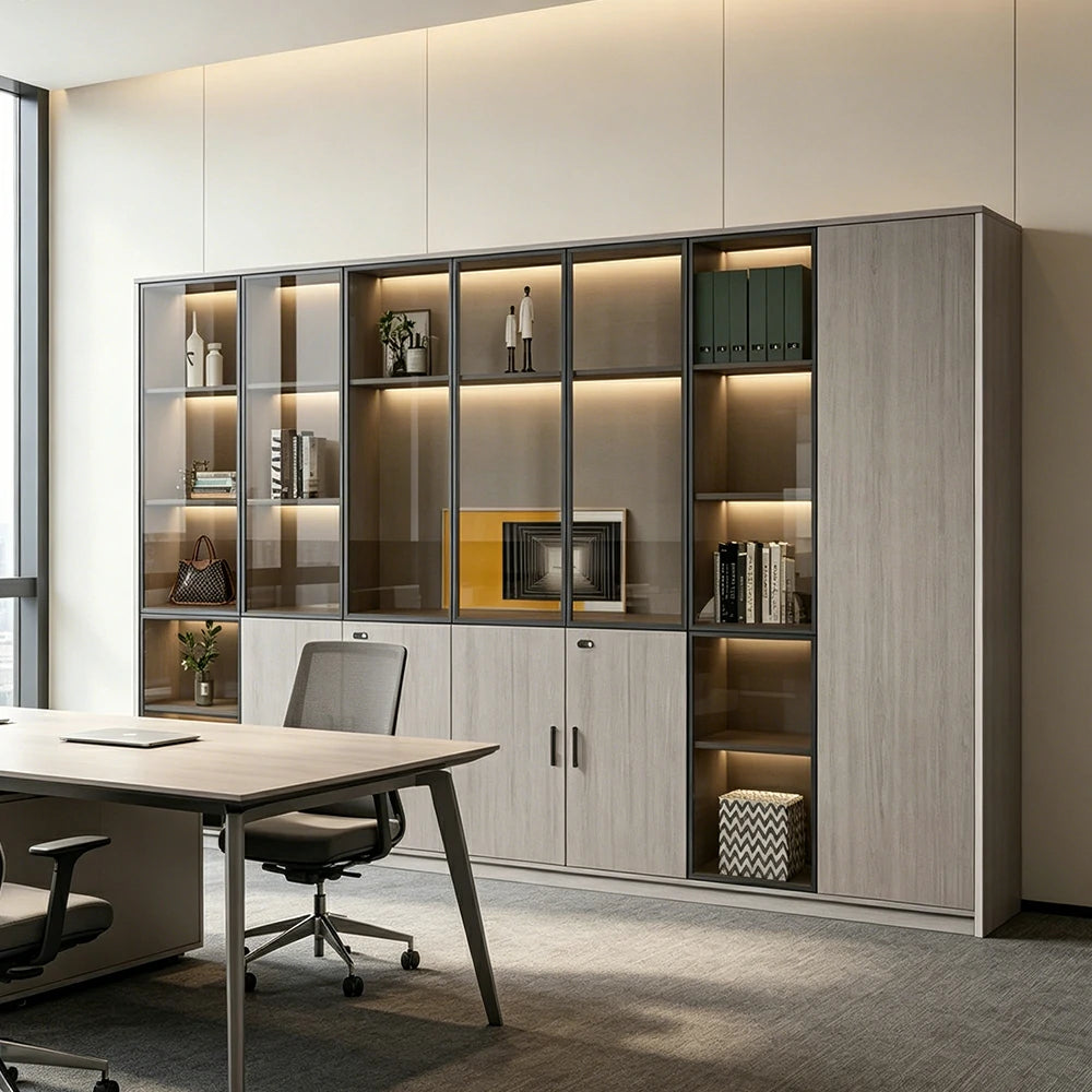 LUXORA Office Display File Cabinet with Black Frame Brown Glass Doors - Grey Oak