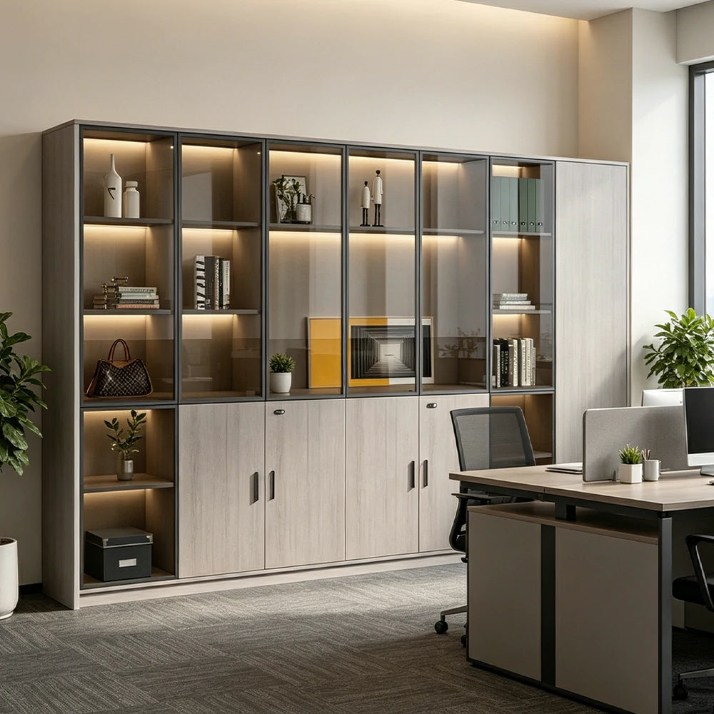 LUXORA Office Display File Cabinet with Black Frame Brown Glass Doors - Grey Oak