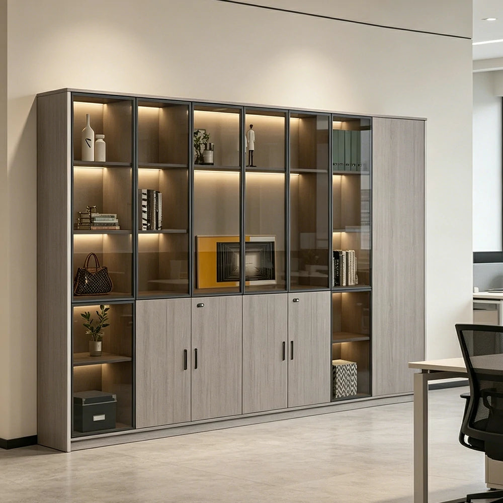 LUXORA Office Display File Cabinet with Black Frame Brown Glass Doors - Grey Oak