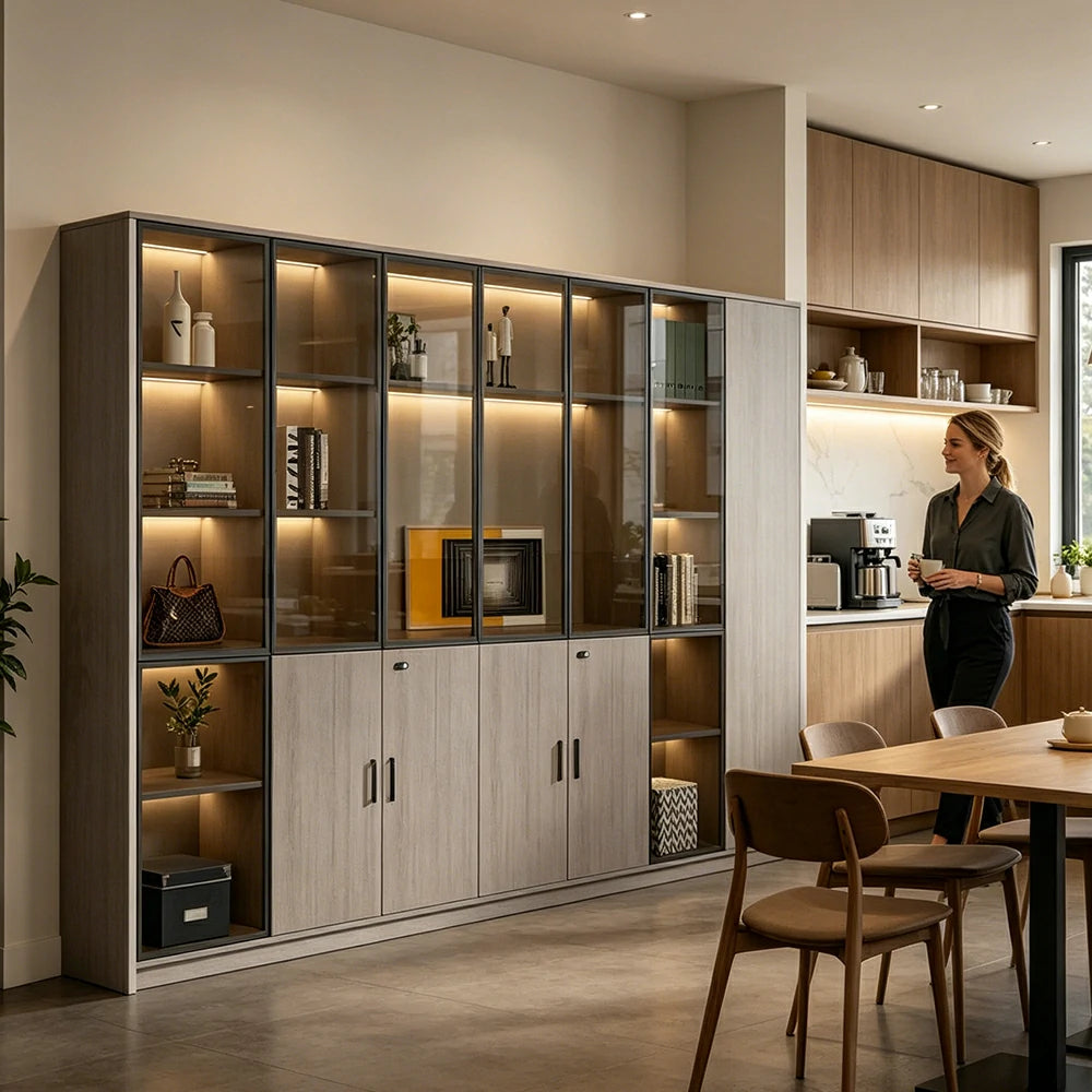 LUXORA Office Display File Cabinet with Black Frame Brown Glass Doors - Grey Oak