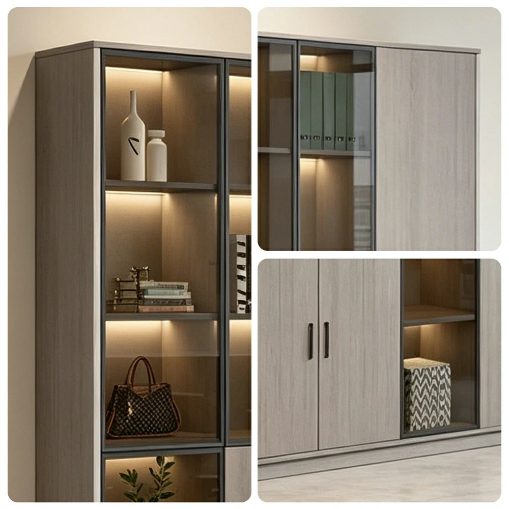 LUXORA Office Display File Cabinet with Black Frame Brown Glass Doors - Grey Oak