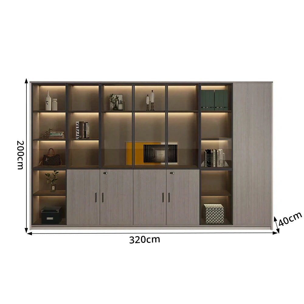 LUXORA Office Display File Cabinet with Black Frame Brown Glass Doors - Grey Oak