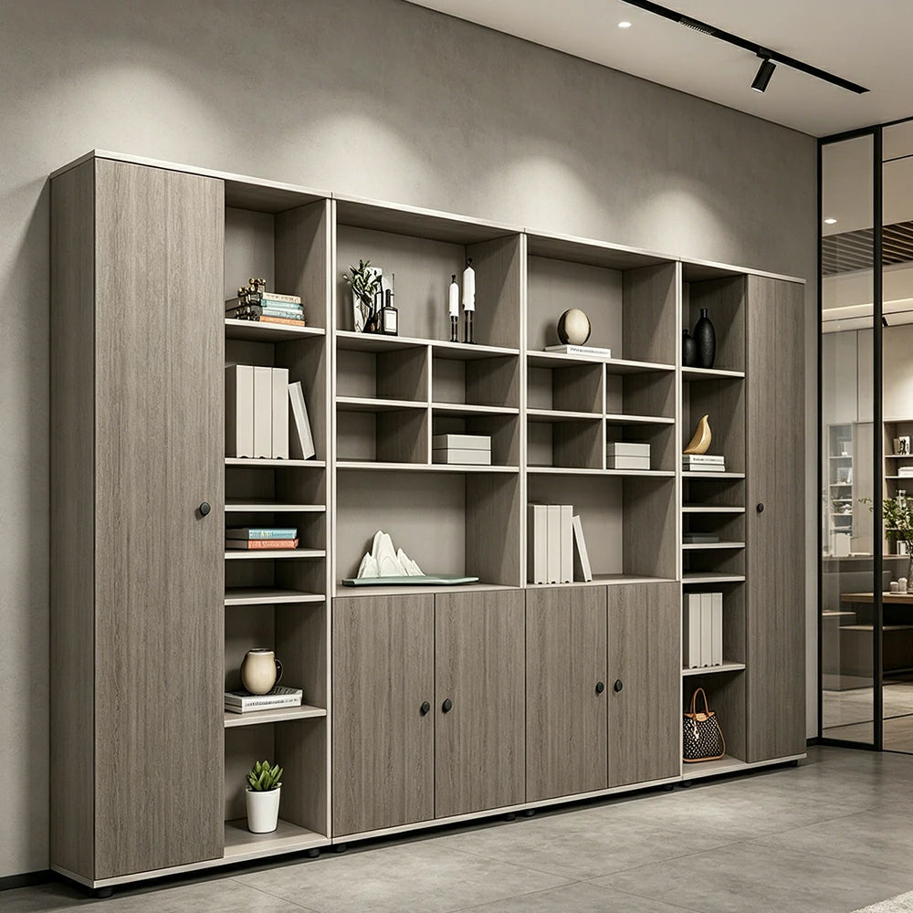 LUXORA Large Office File Cabinet with Open Display Shelves Storage Bookcase - Grey Oak