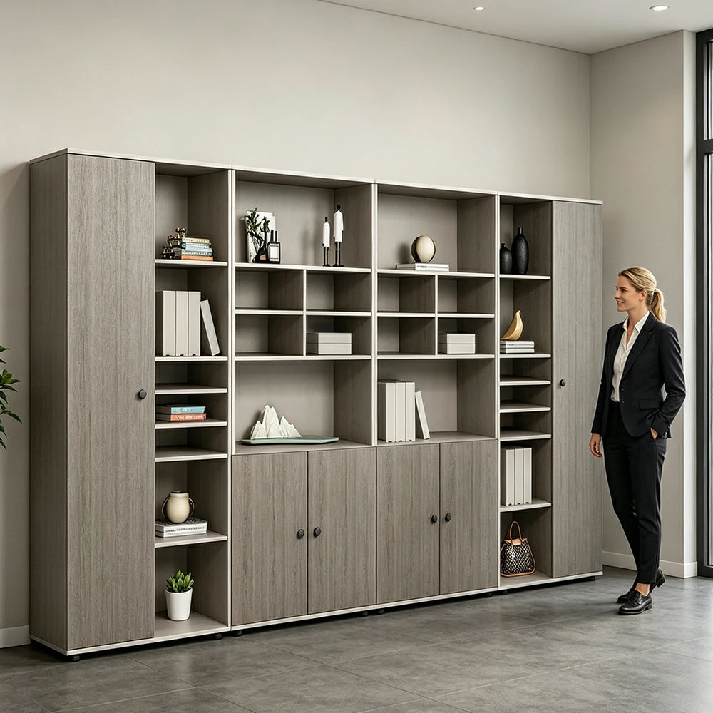 LUXORA Large Office File Cabinet with Open Display Shelves Storage Bookcase - Grey Oak