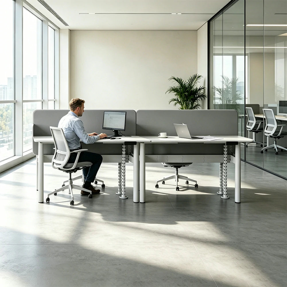 LUXORA 280cm Electric Standing Desk - Privacy Panel Office Workstation for 4 People - White & Grey