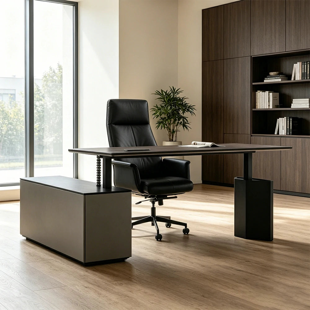 LUXORA 2.4m Executive Height Adjustable Desk - Modern Office Manager Table with Side Cabinet - Charcoal Grey