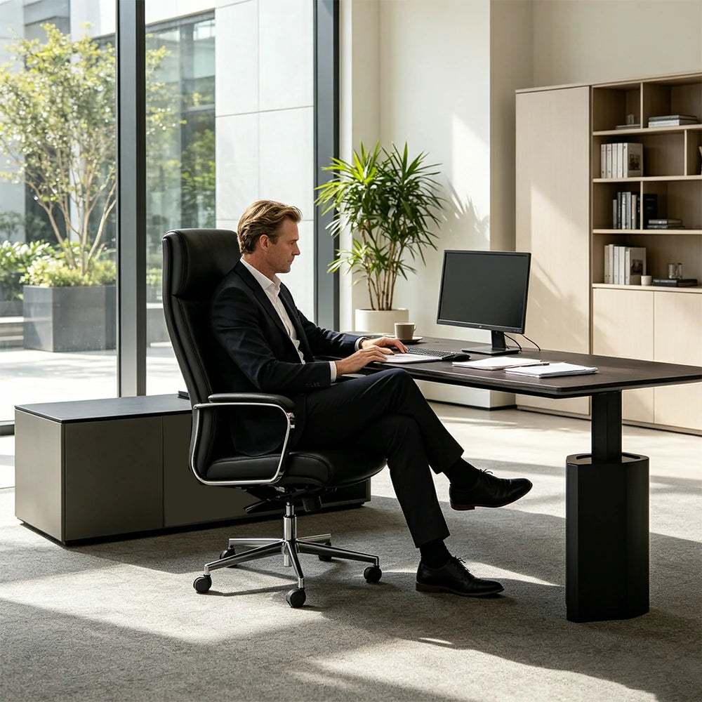 LUXORA 2.4m Executive Height Adjustable Desk - Modern Office Manager Table with Side Cabinet - Charcoal Grey
