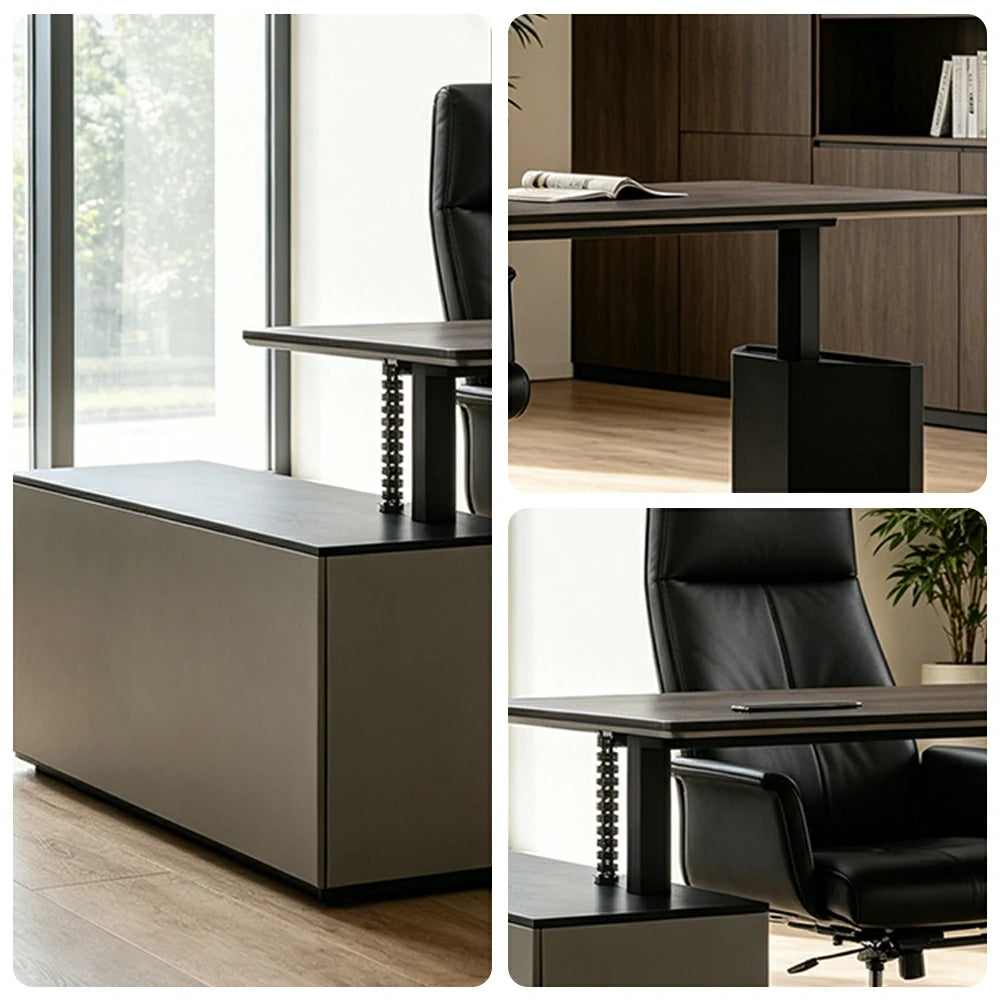 LUXORA 2.4m Executive Height Adjustable Desk - Modern Office Manager Table with Side Cabinet - Charcoal Grey