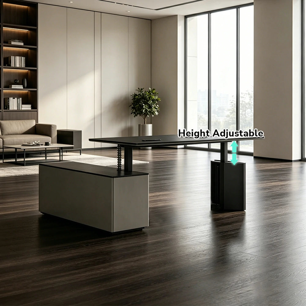 LUXORA 2.4m Executive Height Adjustable Desk - Modern Office Manager Table with Side Cabinet - Charcoal Grey