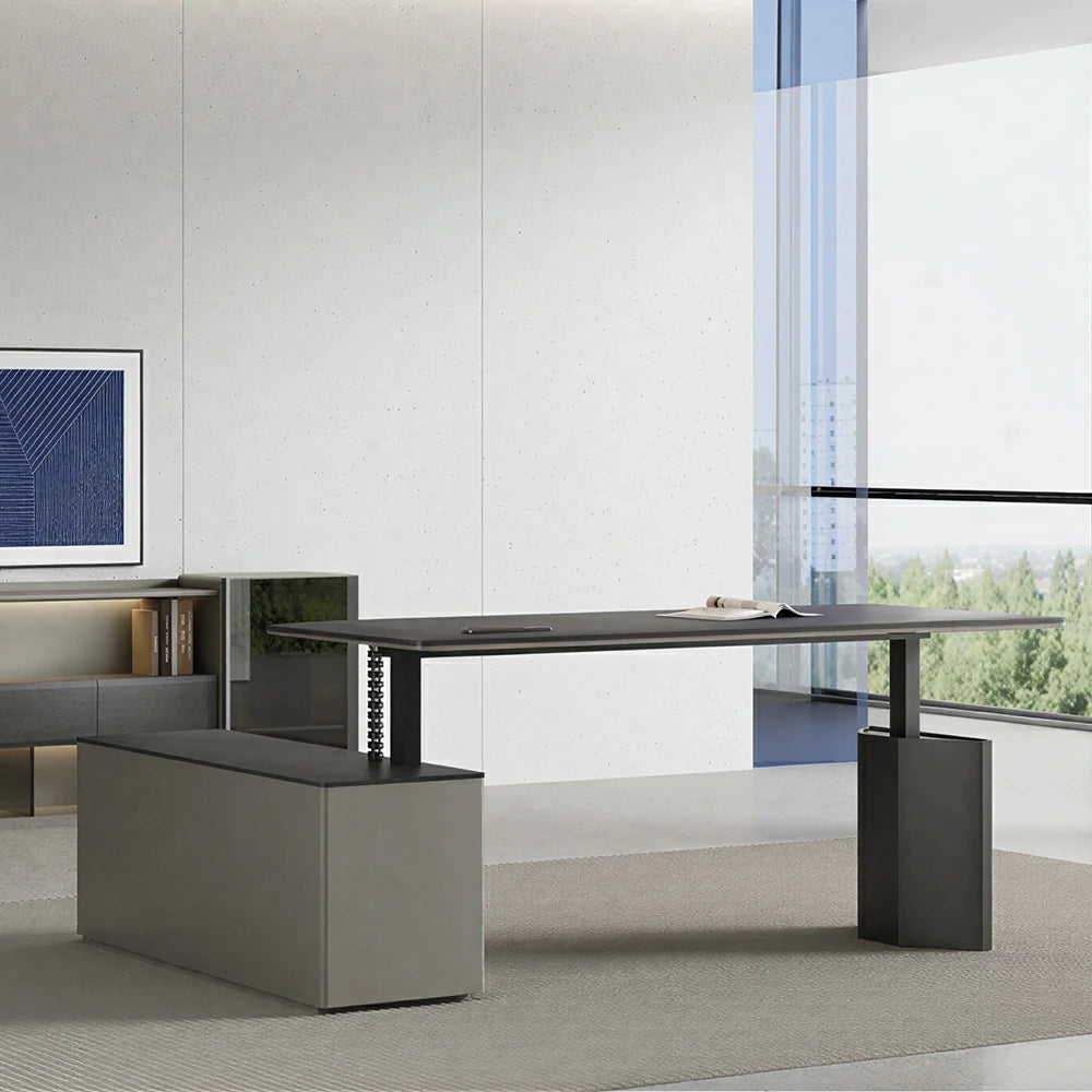 LUXORA 2.4m Executive Height Adjustable Desk - Modern Office Manager Table with Side Cabinet - Charcoal Grey