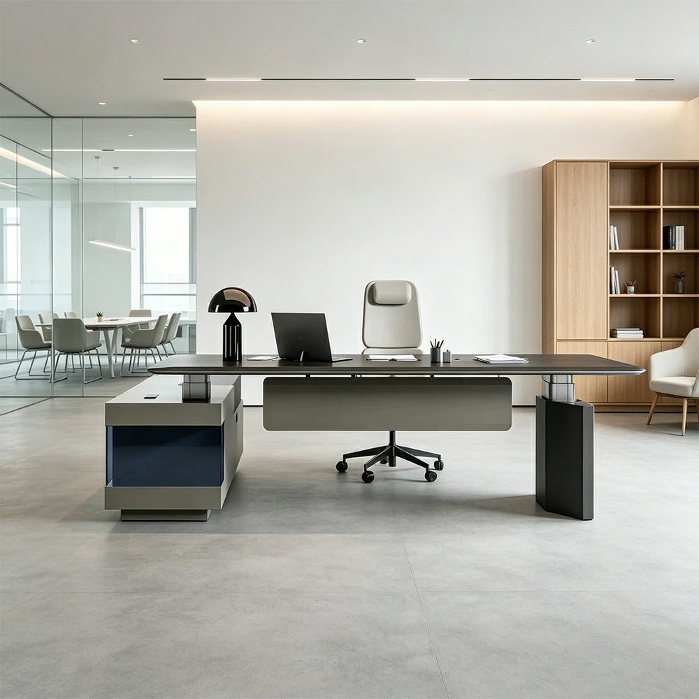 LUXORA 3m Executive Height Adjustable Desk - Premium Office Manager Table with Side Cabinet - Charcoal Grey