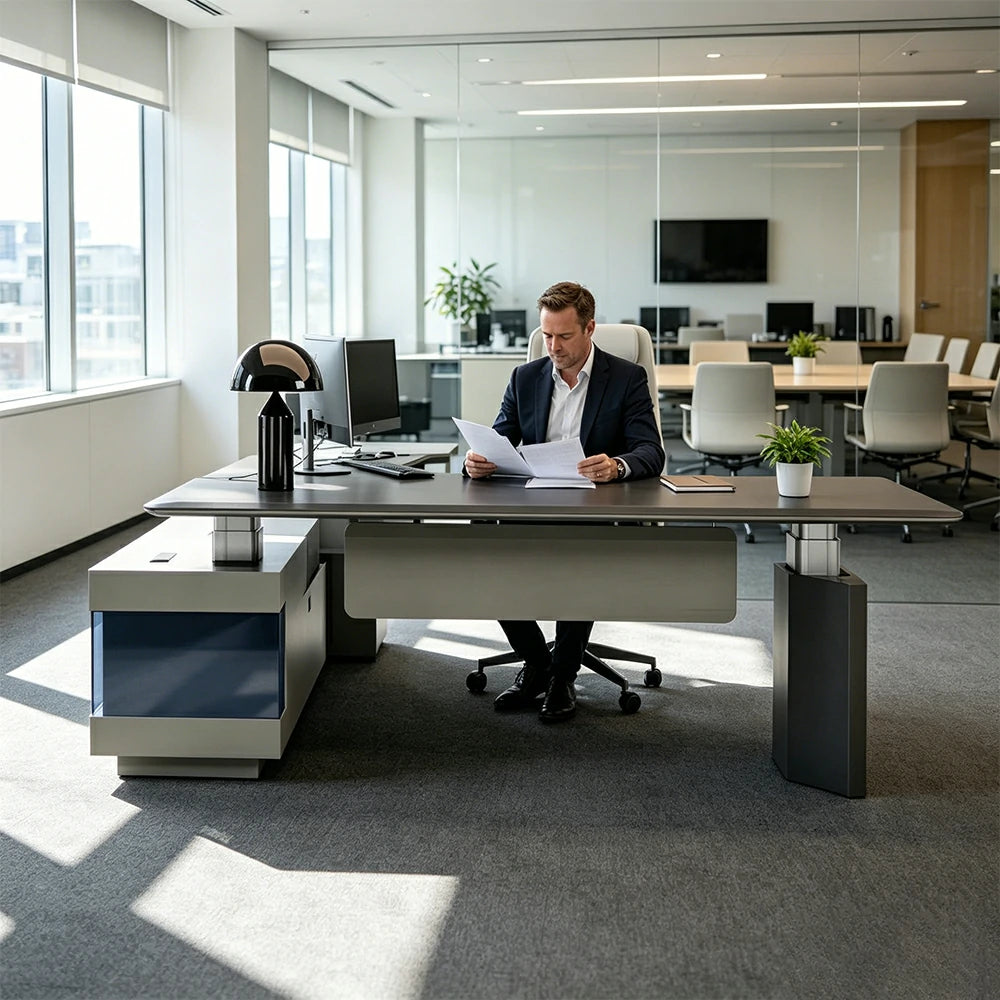 LUXORA 3m Executive Height Adjustable Desk - Premium Office Manager Table with Side Cabinet - Charcoal Grey