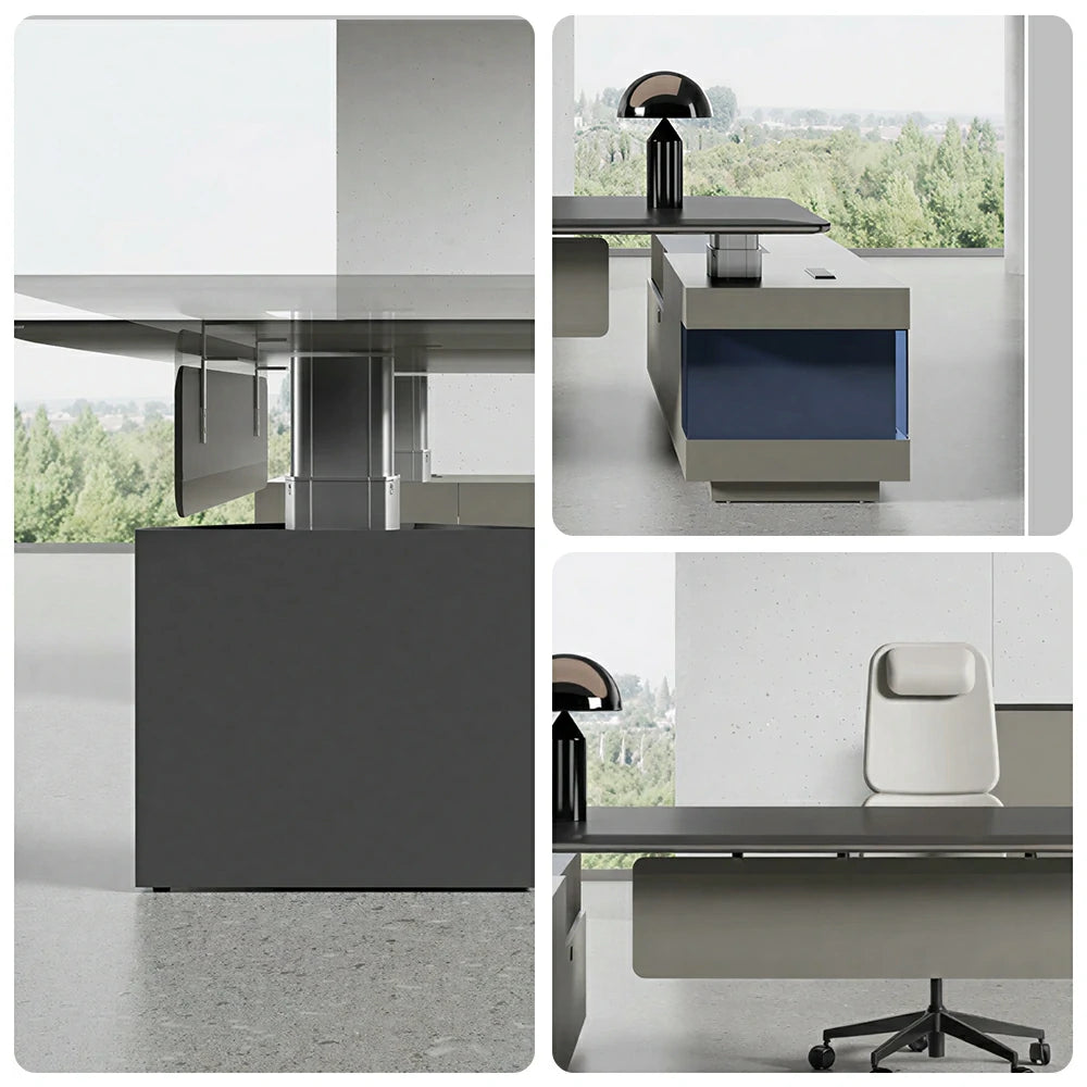LUXORA 3m Executive Height Adjustable Desk - Premium Office Manager Table with Side Cabinet - Charcoal Grey