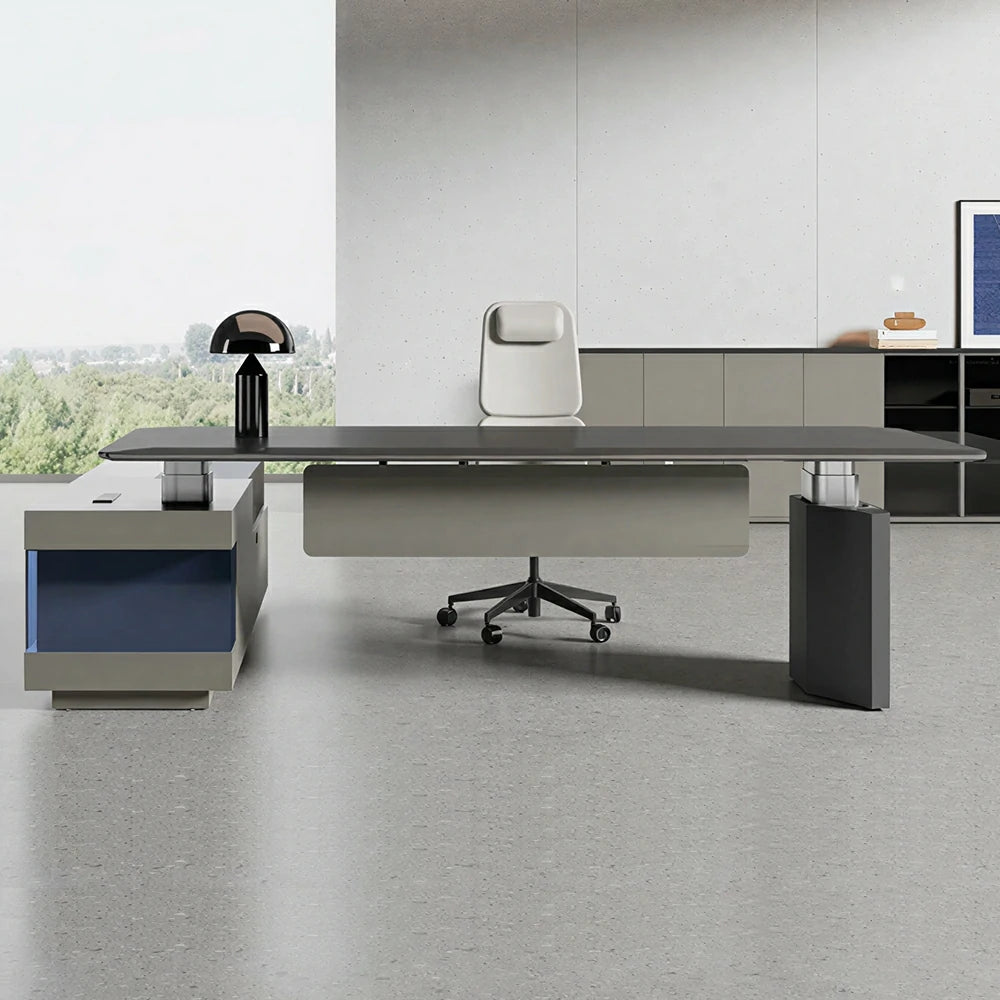 LUXORA 3m Executive Height Adjustable Desk - Premium Office Manager Table with Side Cabinet - Charcoal Grey