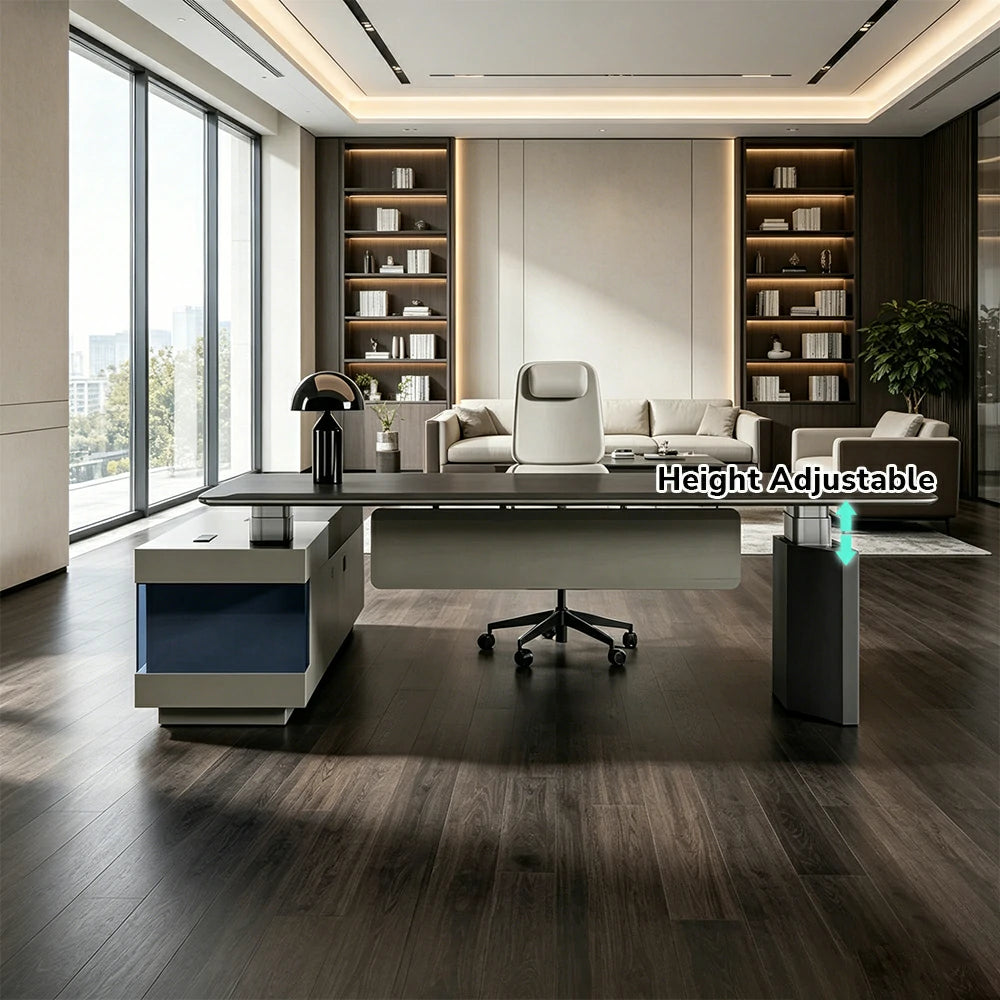 LUXORA 3m Executive Height Adjustable Desk - Premium Office Manager Table with Side Cabinet - Charcoal Grey