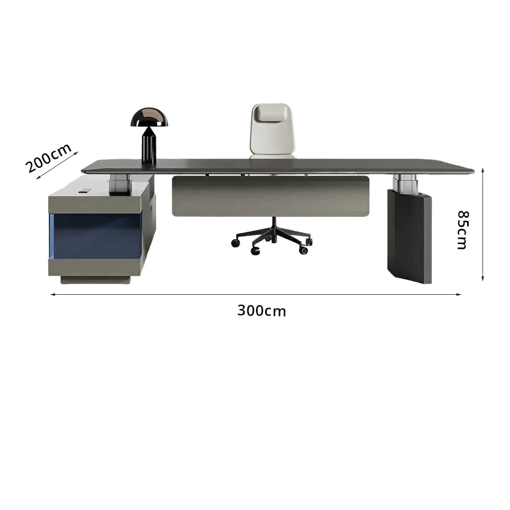 LUXORA 3m Executive Height Adjustable Desk - Premium Office Manager Table with Side Cabinet - Charcoal Grey