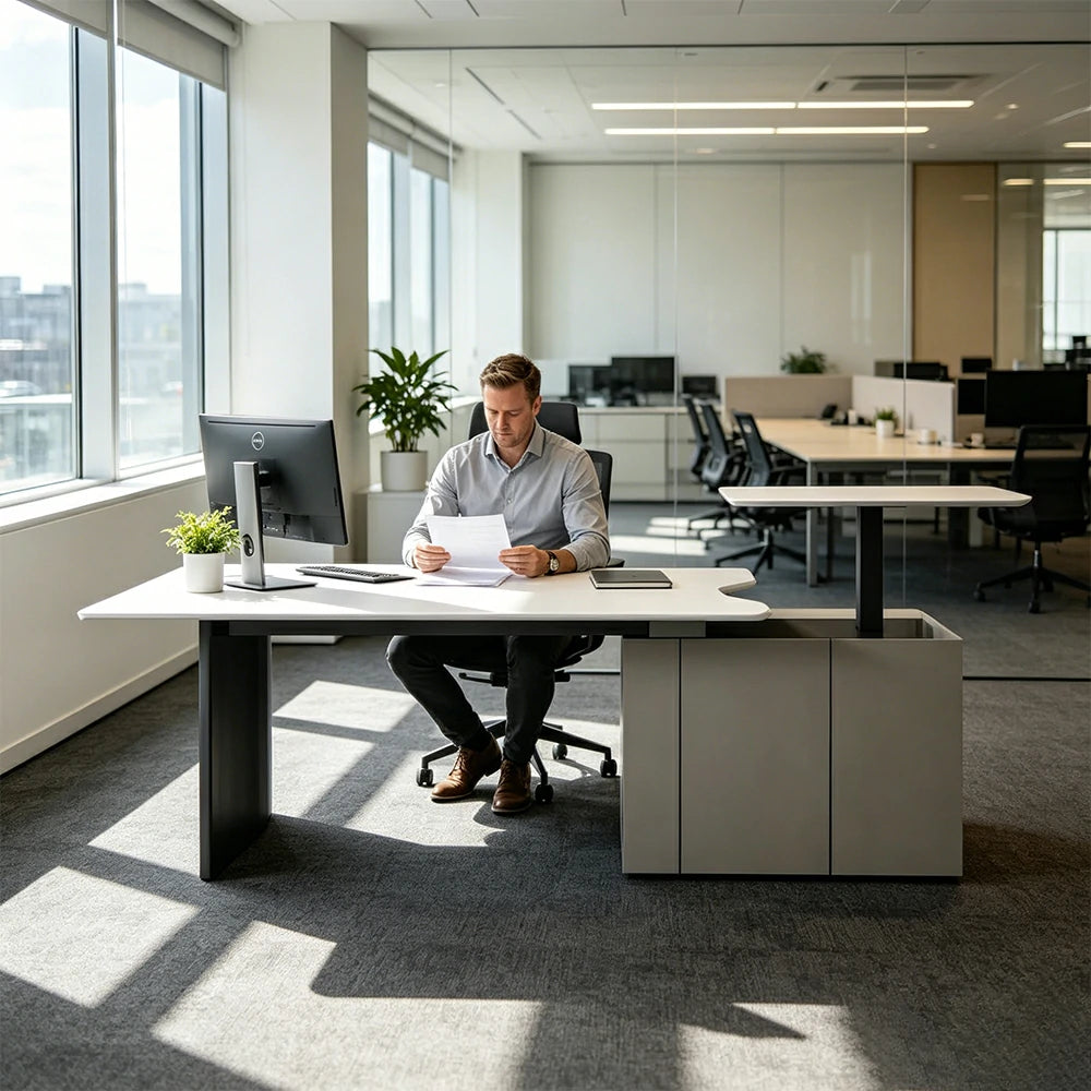 LUXORA 2.4m Executive Height Adjustable Desk - Premium Office Manager Table with Side Cabinet - Grey