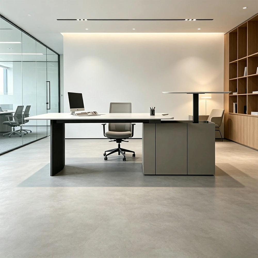 LUXORA 2.4m Executive Height Adjustable Desk - Premium Office Manager Table with Side Cabinet - Grey